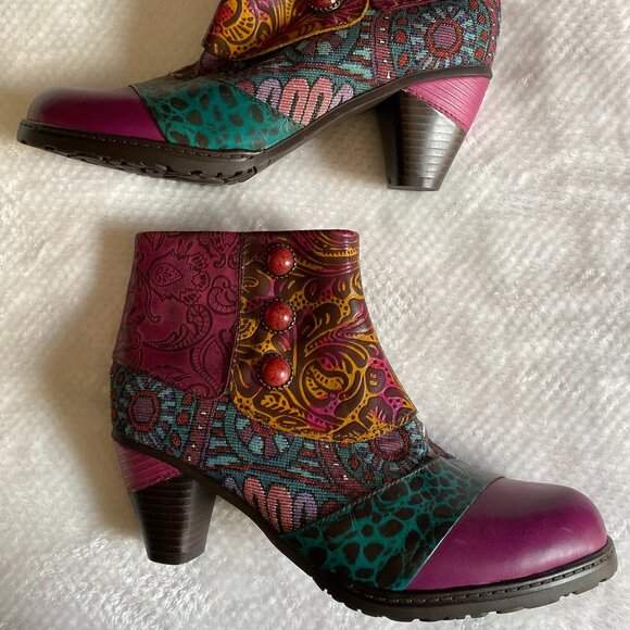 NWOT Socofy Size 8.5 Bohemian Embroidered Leather Zipper Ankle Boots with Heels - Picture 1 of 10